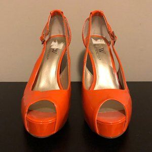 Orange Patent Peep Toe Strap Pump Heels